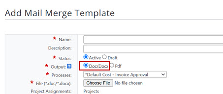 Output selection option on the Add Mail Merge Template configuration page